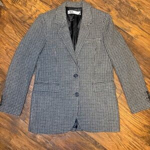 ZARA Tweed Check Blazer Women Two-Button Single-Breasted Notch Lapel Black White